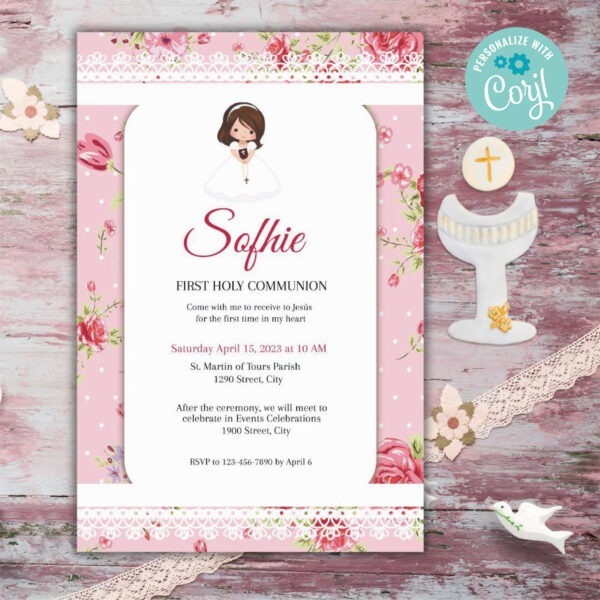 Floral Communion invitation Editable Printable